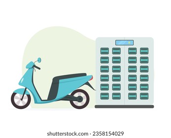 Moto eléctrico con ilustración vectorial de la estación de la batería