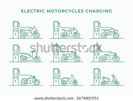 Electric motorcycle charging linear logo collections. Electric sport bike, cruiser, motocross, scooter, and moped at charging station line art style vector illustration