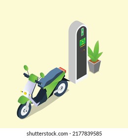 Cargador eléctrico de motocicletas en el concepto de ilustración isométrica 3d vectorial para banner, sitio web, ilustración, página de aterrizaje, volante, etc.