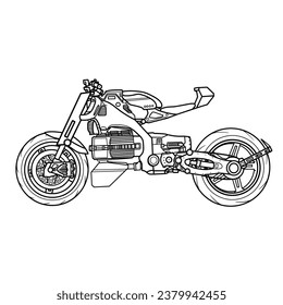 Electric motorcycle futuristic concept. Electric Vehicle (EV) hand drawn sketch, suitable for your custom electric motorcycle, outline vector illustration, side view, isolated with white background