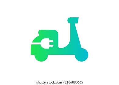 Electric Motorcycle Icon. Green Gradient Cable Electrical Moped And Plug Charging Symbol. Eco Friendly Electro Motorcycle Vehicle Sign Concept. Vector Battery Powered EV Transportation Illustration