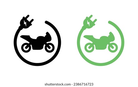Electric Motorcycle Icon Set. Motorbike Silhouette. Motorcycle for Race Illustrations. Sportbike Vector Sign. Concept Green Energy
