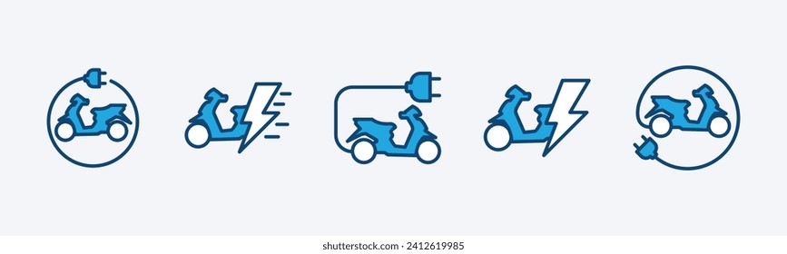 Conjunto de iconos de motocicleta eléctrica. Icono de vehículo eléctrico. Cable y enchufe de carga de motocicletas eléctricas. Ilustración del vector