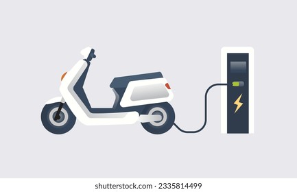 Electric motorcycle with a plug in cable at the charger station. Flat style vector illustration. Isolated on white background.