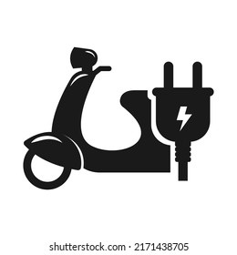 Electric motorcycle with plug icon. Scooter hybrid vehicles charging point logotype, Eco vehicle concept, Vector illustration