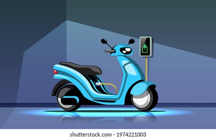 Electric motorcycle with power supply cable and plug. Powerful electric motorbike. Modern city ecological transport in cartoon style. flat design Isolated on white background. Vector illustration