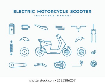 Electric motorcycle scooter logo with bike spare parts line art outline icons set. Modern Electric scooter symbol icon. Editable stroke