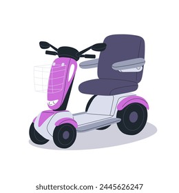 Electric motorized shopping cart, supermarket and store motor electro transport for people with disabilities. E-scooter with basket and seat. Flat vector illustration isolated on white background