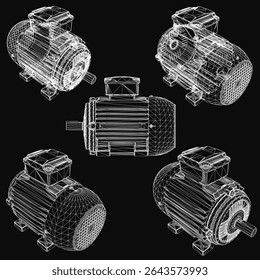 Electric motors in 3D model form, arranged symmetrically on a black background. Each motor has a unique shape and size, with white bodies contrasting sharply against the dark backdrop.