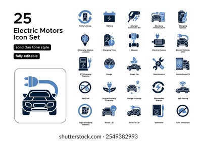 Electric Motors Solid Duo Tone Icon Set: EV Engines, Powertrain Systems, and Advanced Electric Drive Technology Icons