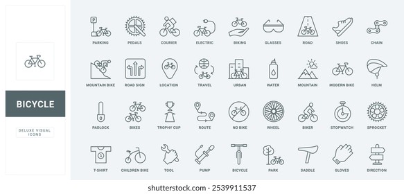 Bicicleta elétrica e de montanha, lazer ativo, sinais de estrada fino preto esboço símbolos ilustração vetorial. Estacionamento de bicicleta e corrida, acessórios e ferramentas para ciclistas, conjunto de ícones da linha de transporte da cidade.