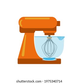 
Electric mugger with orange plastic base and transparent plastic bowl for cooking, electro kitchen appliance, vector clipart in cartoon style, isolate, flat illustration.