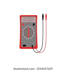 Electric multimeter digital, engineering  technician equipment for power measurement volt current resistance with wire, vector illustration