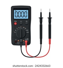 Electric multimeter digital instrument with probes for electricity diagnostic realistic vector illustration. Engineering technician equipment for power measurement volt current resistance with wire