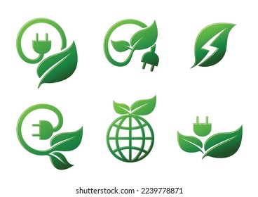 Electric Natural Green eco power Clean Energy Icons - plug Symbol with leave, Globe vector design illustration