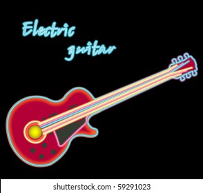 electric neon guitar against black background, abstract vector art illustration