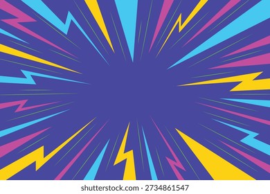Electric neon lightning bolts and sharp shards explode outward from a deep purple central void.
