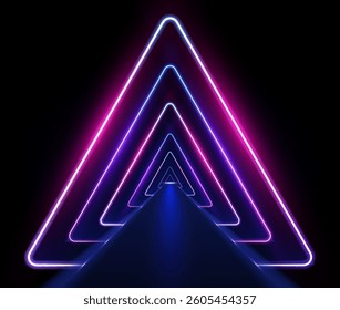 Electric neon lines in virtual reality tunnel. Abstract rays technology retro background. Futuristic glowing graphic design.	