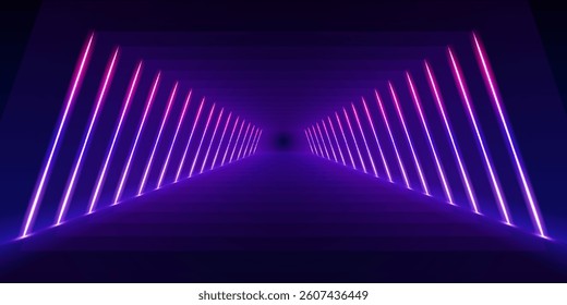 Electric neon lines in virtual reality tunnel. Glowing neon lines create a vibrant spectrum in an abstract 3D tunnel. The pink and blue colors form a square portal that leads into the unknown.	