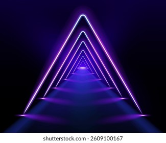Electric neon lines in virtual reality tunnel. Abstract rays technology retro background. Futuristic glowing graphic design.	