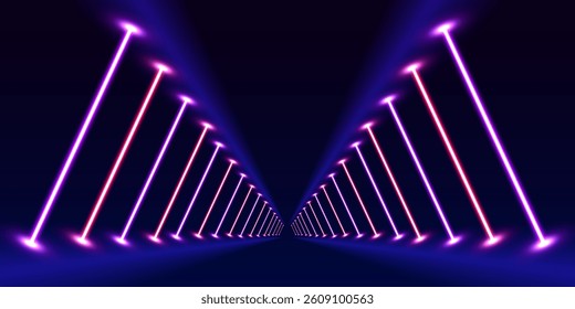 Electric neon lines in virtual reality tunnel. Glowing neon lines create a vibrant spectrum in an abstract 3D tunnel. The pink and blue colors form a square portal that leads into the unknown.	