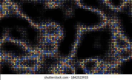 Electric neon waves filling the ether. Shimmering dots forming a pattern of smooth lines, bumps and depressions. Acid vector background for music album.