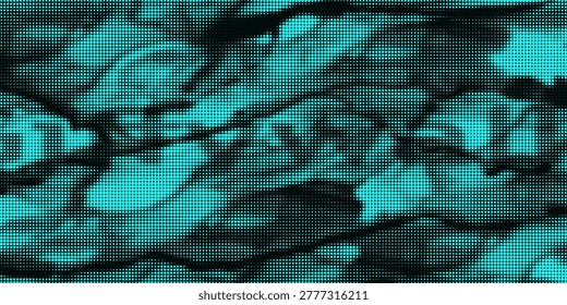Electric neon waves filling the ether. Shimmering dots forming a pattern of smooth lines, bumps and depressions. Acid vector background for music album.