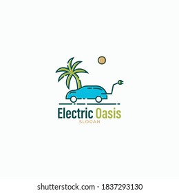 Electric Oasis Logo Design Template. Electric Car and Oasis Logo Concept