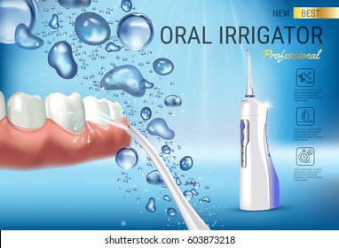 Electric Oral Irrigator ads. Vector 3d Illustration with Portable Water Pick Flosser. Horizontal banner with high tech products.