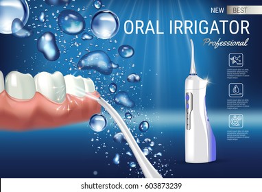 Electric Oral Irrigator ads. Vector 3d Illustration with Portable Water Pick Flosser. Horizontal banner with high tech products.