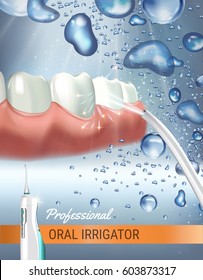 Electric Oral Irrigator Ads. Vector 3d Illustration With Portable Water Pick Flosser. Poster With High Tech Products.