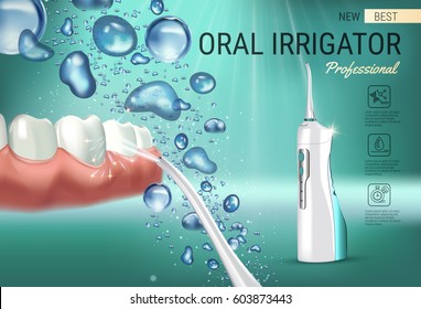 Electric Oral Irrigator ads. Vector 3d Illustration with Portable Water Pick Flosser. Horizontal banner with high tech products.