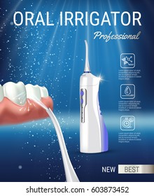 Electric Oral Irrigator ads. Vector 3d Illustration with Portable Water Pick Flosser. Poster with high tech products.