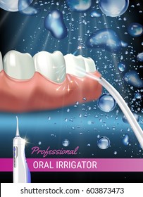 Electric Oral Irrigator ads. Vector 3d Illustration with Portable Water Pick Flosser. Poster with high tech products.