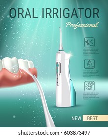 Electric Oral Irrigator ads. Vector 3d Illustration with Portable Water Pick Flosser. Poster with high tech products.