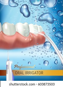 Electric Oral Irrigator ads. Vector 3d Illustration with Portable Water Pick Flosser. Poster with high tech products.