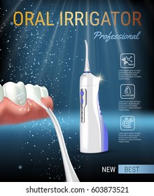 Electric Oral Irrigator ads. Vector 3d Illustration with Portable Water Pick Flosser. Poster with high tech products.