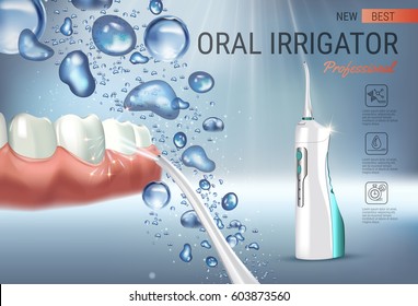 Electric Oral Irrigator ads. Vector 3d Illustration with Portable Water Pick Flosser. Horizontal banner with high tech products.