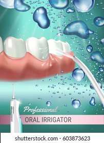 Electric Oral Irrigator Ads. Vector 3d Illustration With Portable Water Pick Flosser. Poster With High Tech Products.