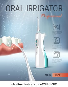 Electric Oral Irrigator ads. Vector 3d Illustration with Portable Water Pick Flosser. Poster with high tech products.
