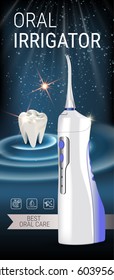 Electric Oral Irrigator ads. Vector 3d Illustration with Portable Water Pick Flosser. Vertical banner with high tech products.