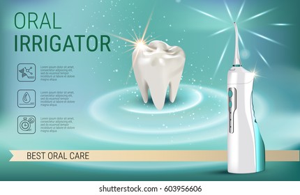 Electric Oral Irrigator ads. Vector 3d Illustration with Portable Water Pick Flosser. Horizontal banner with high tech products.