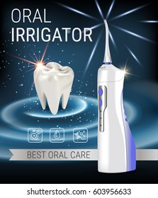 Electric Oral Irrigator ads. Vector 3d Illustration with Portable Water Pick Flosser. Poster with high tech products.