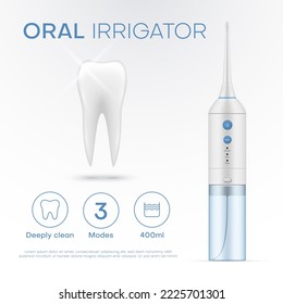 Letrero eléctrico de irrigador oral con promo de agua limpia profunda ilustración vectorial realista. Piscina para limpiador líquido portátil para higiene dental y cuidado. Equipo de limpieza dental de ultrasonido de vibración