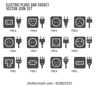 Electric outlet illustration. Different type power socket set, vector isolated icon illustration for different country plugs. Power socket - World standards icons set