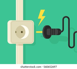 Electric outlet with electric plug. Cartoon banner on electritian safety flat vector illustration