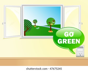 Electric Outlet Saying Go Green with Beautiful Window. Editable Vector Image