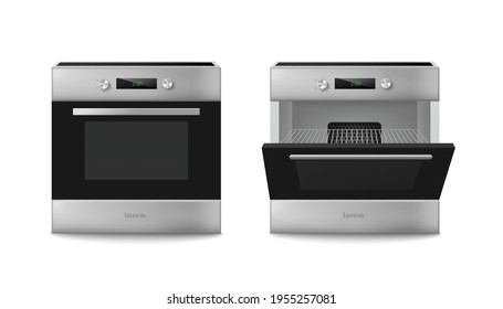 Electric oven with open and closed door, home kitchen equipment for cook food.