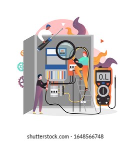 Elektrische Tafel- oder Verteilungsplatte und Elektriker mit Schraubendreher, Voltmeter, Vektorillustration-Illustration. Aufbau von Elektroreparatur- und -wartungsdiensten für Webbanner, Website-Seite etc.