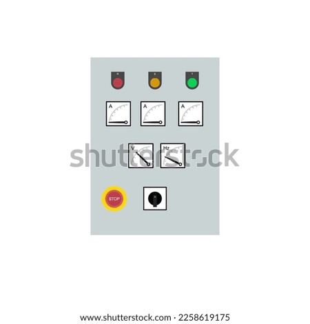Electric panels with 3 phase sources equipped with ampere meters, frequency meters and voltmeters. Pilot light. Emergency Switch. Vector